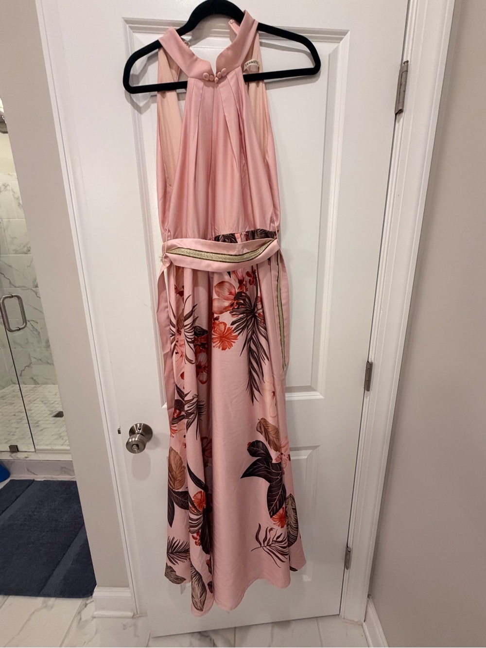 Elegant Pink Floral Halter Wedding Dress